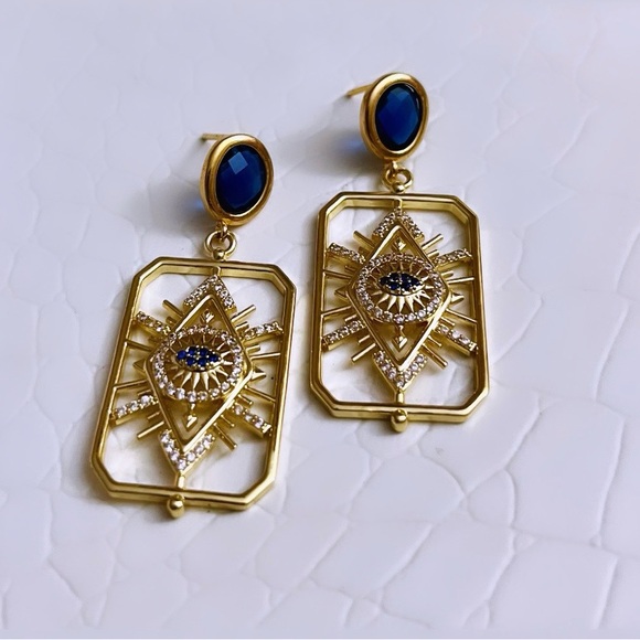 Abigail Creations Gold Plated CZ Rectangle Evil Eye 🧿 Drop Earrings - Picture 7 of 7